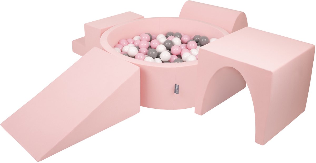 KiddyMoon schuimspeelplaats met rond ballenbad (300 ballen) ballenbakken voor babys speelbad hindernisbanen, made in the eu, roze:wit/grijs/poederroze