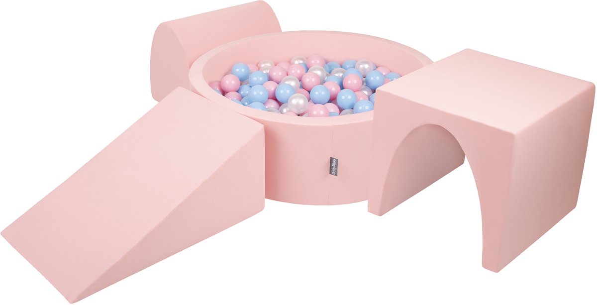 KiddyMoon schuimspeelplaats met ronde ballenbak (300 ballen) ballenbakken voor babys speelbad hindernisbanen, made in the eu, roze:babyblue/powderpink/parelmoer
