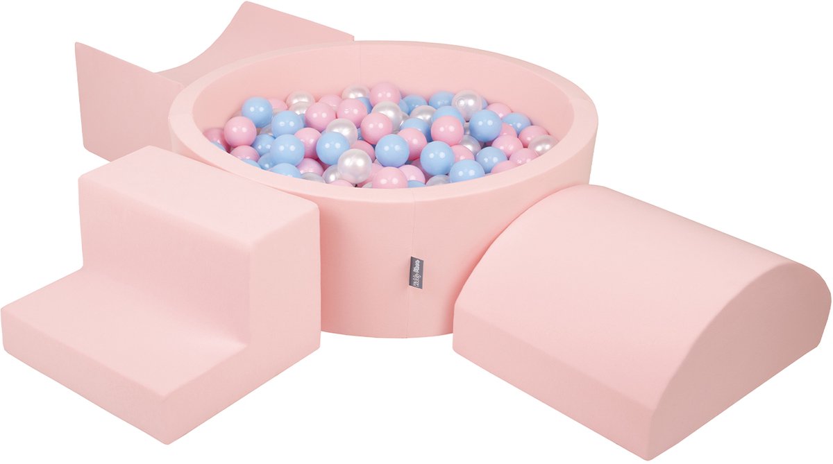 KiddyMoon schuimspeelplaats met ronde ballenbak (300 ballen) ballenbakken voor babys speelbad hindernisbanen, made in the eu, roze:babyblue/powderpink/parelmoer