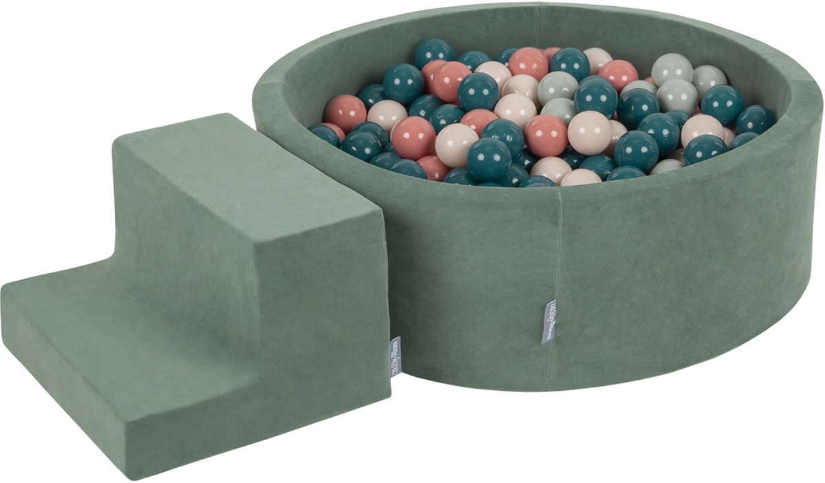 KiddyMoon speelruimte fluweel van schuim met fluweel rond ballenbad ballenbad (100 ballen) + kleine ballenbakken voor babys speelbad hindernisbanen, made in the eu, bosgroen: donkere turquoise/pastelkleur