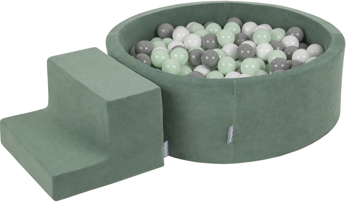 KiddyMoon speelruimte fluweel van schuim met fluweel rond ballenbad ballenbad (100 ballen) + kleine ballenbakken voor babys speelbad hindernisbanen, made in the eu, forest green: wit/grijs/mint