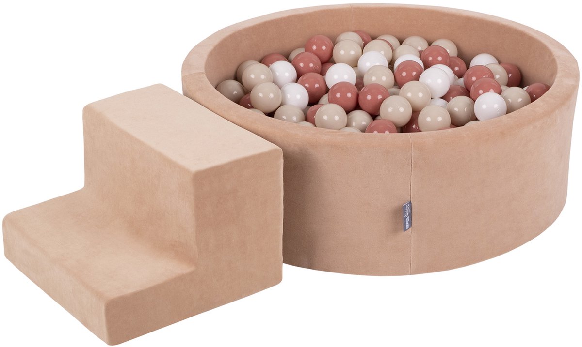 KiddyMoon speelruimte fluweel van schuim met fluweel rond ballenbad ballenbad (100 ballen) + kleine ballenbakken voor babys speelbad hindernisbanen, made in the eu, woestijnroze: pastelbeige/zalm