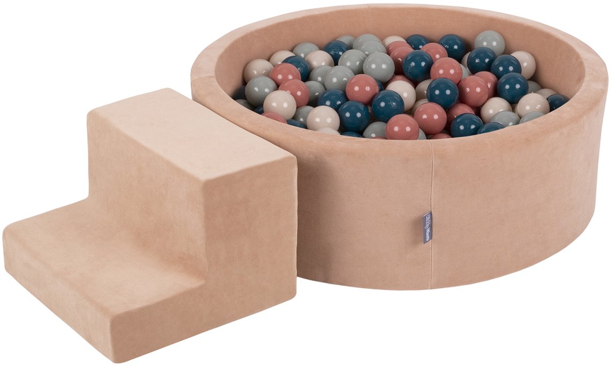 KiddyMoon speeltuin fluweel van schuim met fluweel rond ballenbad ballenbad (100 ballen) + kleine ballenbakken voor babys speelbad hindernisbanen, made in the eu, woestijnroze: donker turquoise/pastel