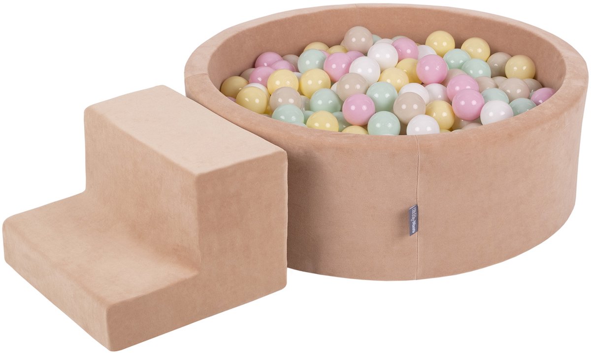 KiddyMoon speeltuin fluweel van schuim met fluweel rond ballenbad ballenbad (100 ballen) + kleine ballenbakken voor babys speelbad hindernisbanen, made in the eu, woestijnroze: pastel beige/pastel