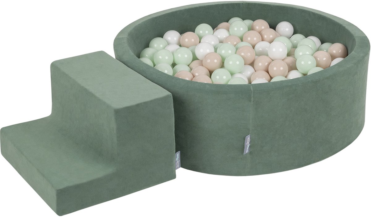 KiddyMoon speeltuin fluweel van schuim met fluweel rond ballenbad ballenbad (200 ballen) + kleine ballenbakken voor babys speelbad hindernisbanen, made in the eu, pastel beige/wit/mint