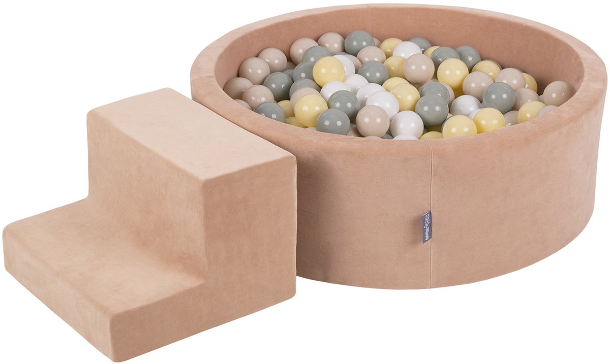 KiddyMoon speeltuin fluweel van schuim met fluweel rond ballenbad ballenbad (200 ballen) + kleine ballenbakken voor babys speelbad hindernisbanen, made in the eu, woestijnroze: pastelbeige/groengr