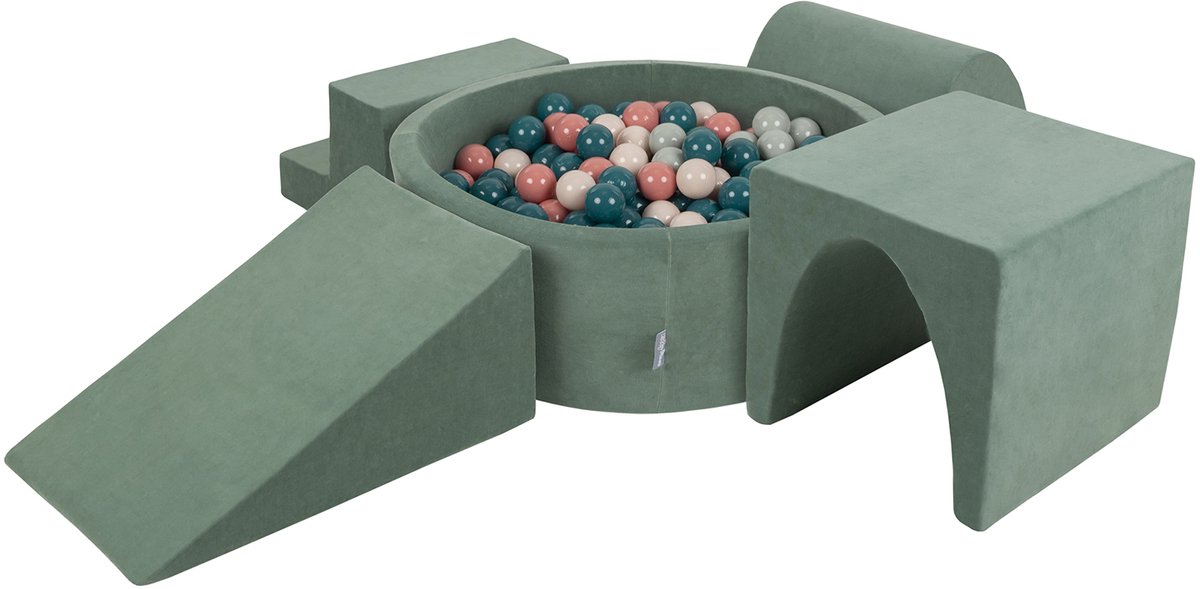 KiddyMoon spielplatz velvet aus schaumstoff mit samt rund bällebad (200 bälle) ballgruben für babys spielbad hindernisläufen, hergestellt in der eu, waldgrün: dunkeltürkis/pastellbeige/grüngrau/lachsf