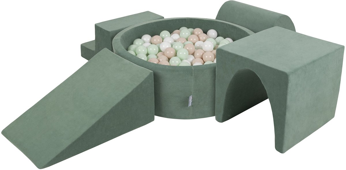 KiddyMoon spielplatz velvet aus schaumstoff mit samt rund bällebad (200 bälle) ballgruben für babys spielbad hindernisläufen, hergestellt in der eu, waldgrün: pastellbeige/weiß/minze