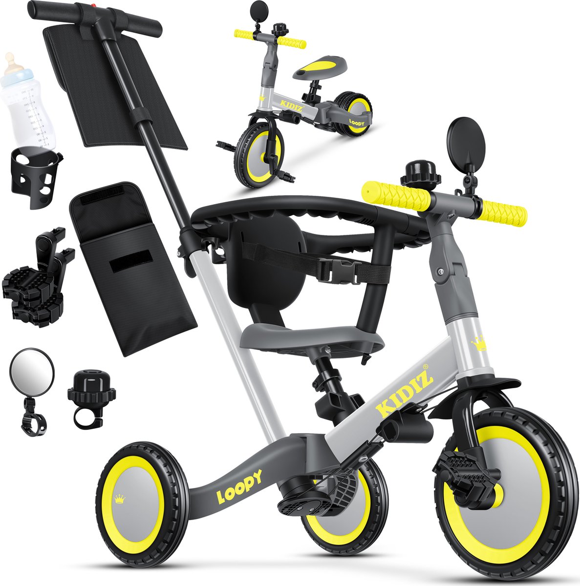 KIDIZ® Loopfiets 6in1 voor Jongens en Meisjes van 1 tot 5 jaar - Driewieler voor Kinderen tot 25 kg Kinderfiets - Grijs