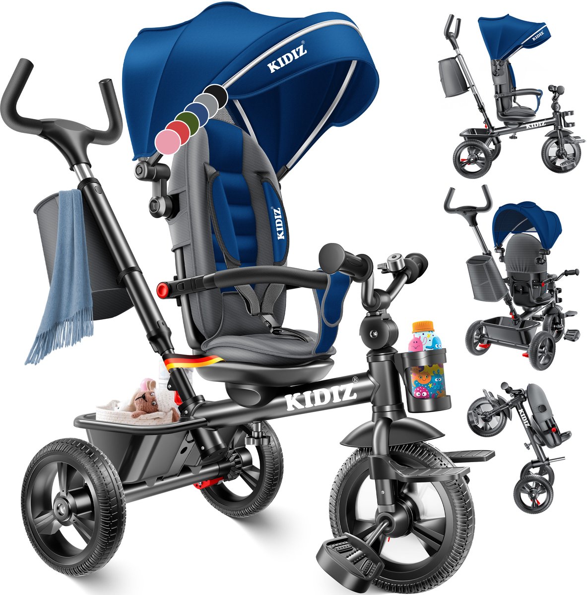 KIDIZ®   Driewieler 5in1 Kinderfiets kinderdriewielerfiets 1 jaar vooruit en achteruit Jogger , mand tas drinkhouder zonnekap rubberen wielen, buggy fiets baby opvouwbaar driewielfiets - Blauw