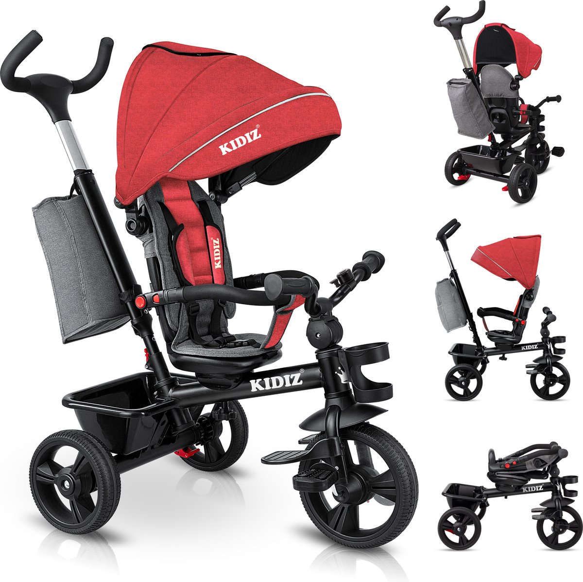 KIDIZ®   Driewieler 5in1 Kinderfiets kinderdriewielerfiets 1 jaar vooruit en achteruit Jogger , mand tas drinkhouder zonnekap rubberen wielen, buggy fiets baby opvouwbaar driewielfiets - Rood