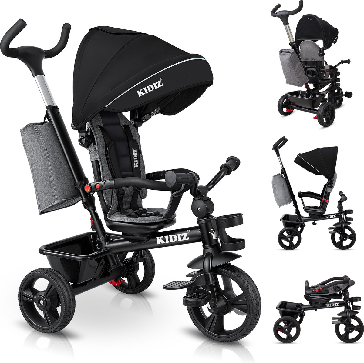 KIDIZ®   Driewieler 5in1 Kinderfiets kinderdriewielerfiets 1 jaar vooruit en achteruit Jogger , mand tas drinkhouder zonnekap rubberen wielen, buggy fiets baby opvouwbaar driewielfiets - Zwart