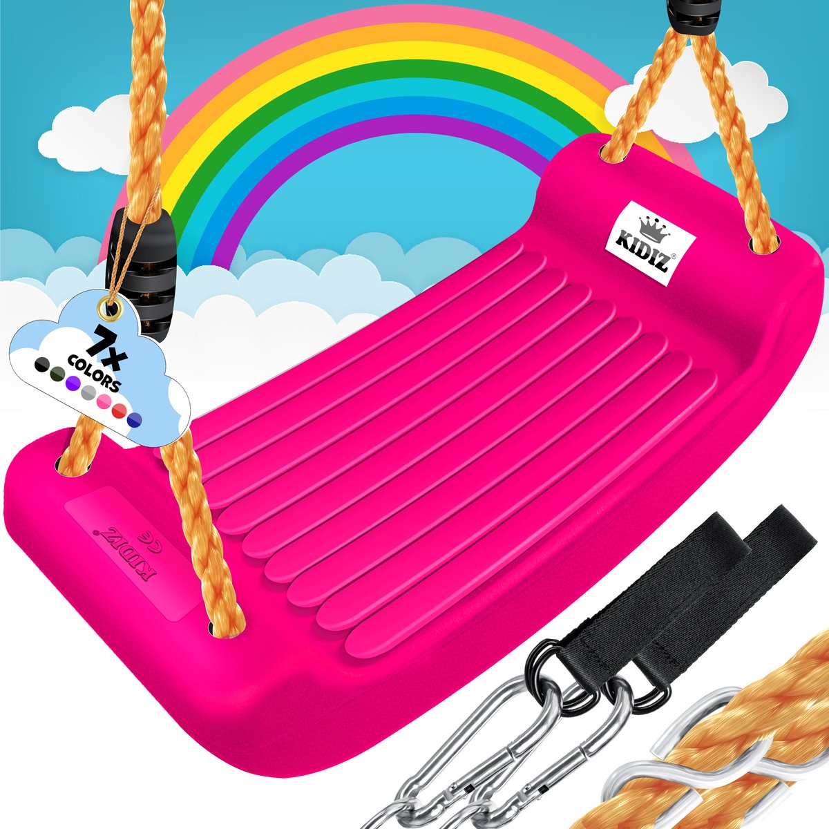 KIDIZ® Schommel Kinderschommel Set - Incl. Accessoires Schommelzitje PP-Touwen Schommelplank Tuin Buiten Binnenschommel voor kinderen om op te schommelen Plastic Hoogte Verstelbaar Antislip - Roze
