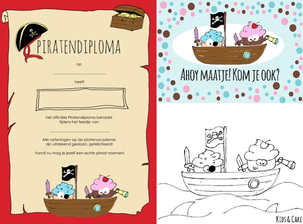 Piratenpakket - kinderfeestje: 8 Piraten uitnodigingen, 8 Piraten diplomas & 8 Piraten kleurplaten