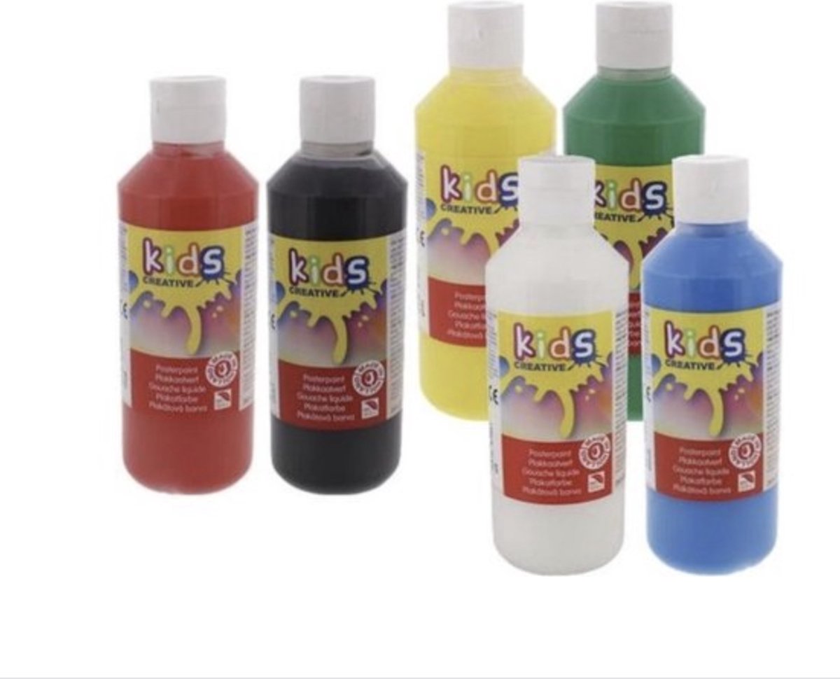 Plakkaatverf Kinderen Basiskleuren 6x250ML plus een surprise erbij