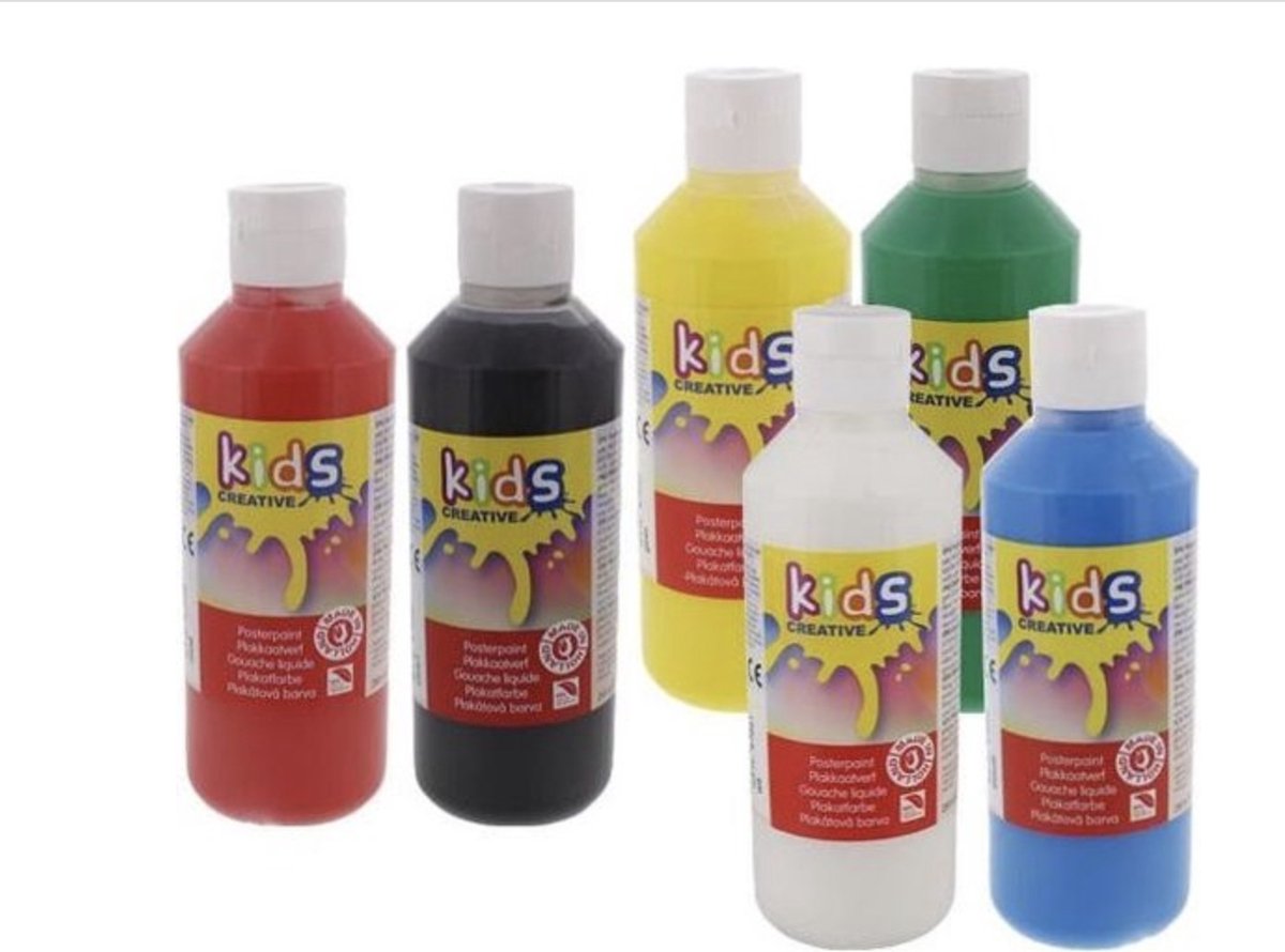 Plakkaatverf Kinderen Basiskleuren 6x250ML plus een surprise erbij