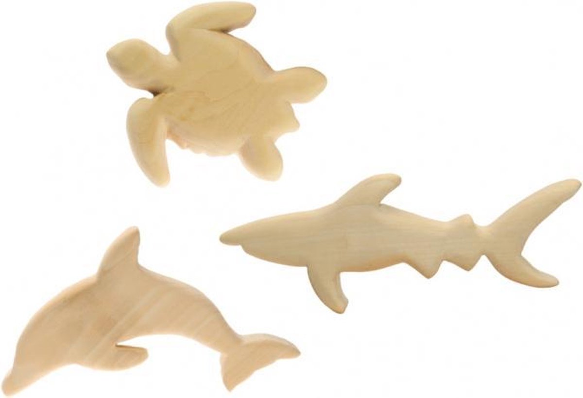 dolfijn, haai en schildpad hout 3 stuks