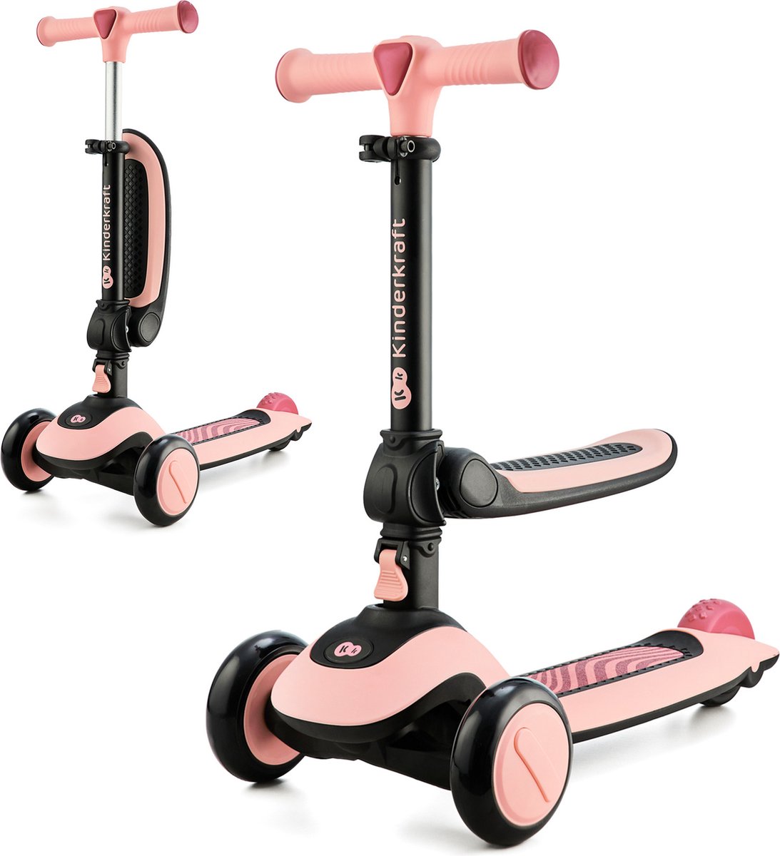 Kinderkraft Halley - Opvouwbare kinderstep met zitje & LED lichtjes in de wielen - Rose Pink