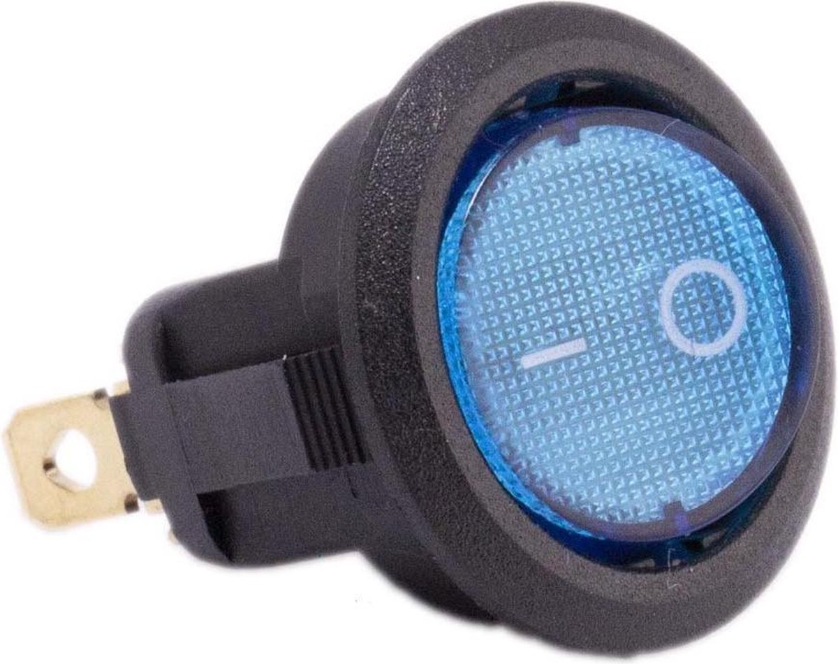 Schakelaar 12 volt aan uit blauw rond met LED voor elektrische kinderauto