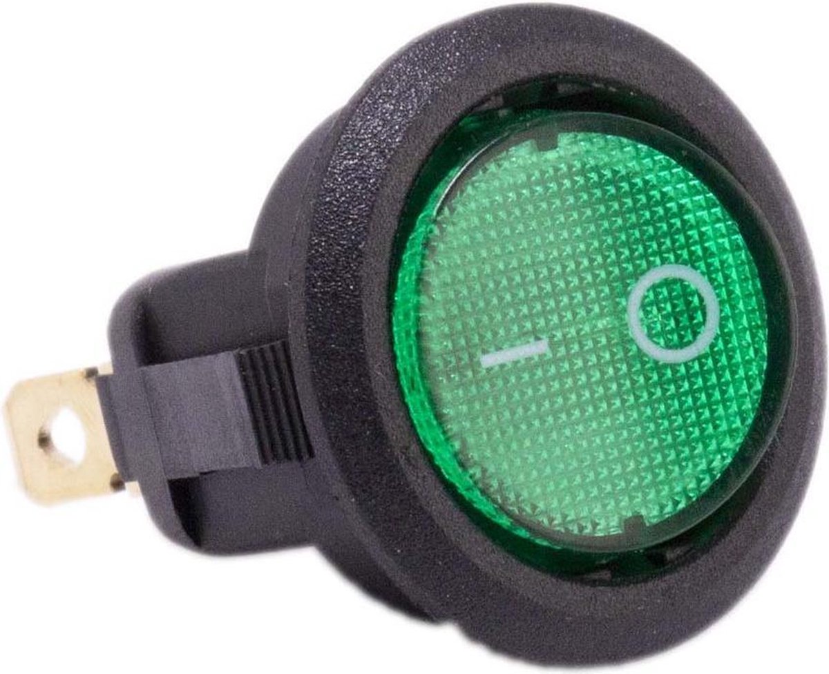 Schakelaar 12 volt aan uit groen rond met LED voor elektrische kinderauto