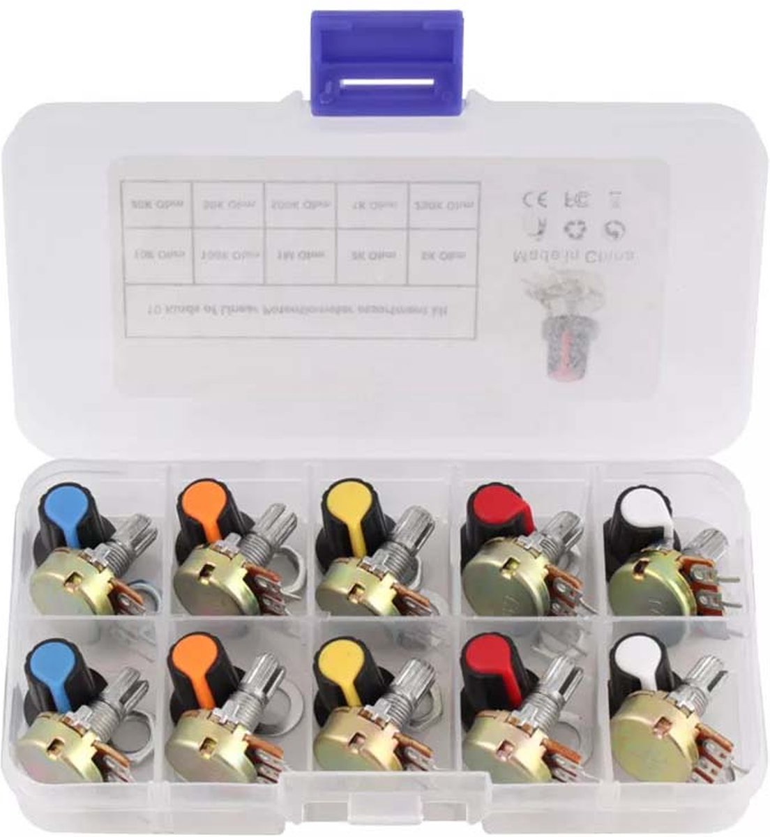Potentiometer met knoppen set van 10 stuks - 1K, 2K, 5K, 10K, 20K, 50K, 100K, 250K, 500K, 1M ohm
