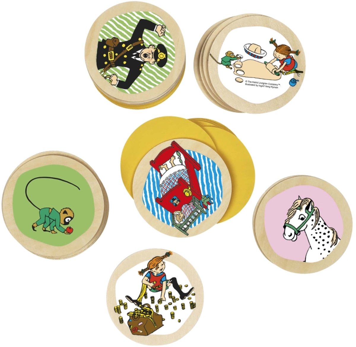 Kinderboeken Pippi Langkous houten memoryspel educatief speelgoed.