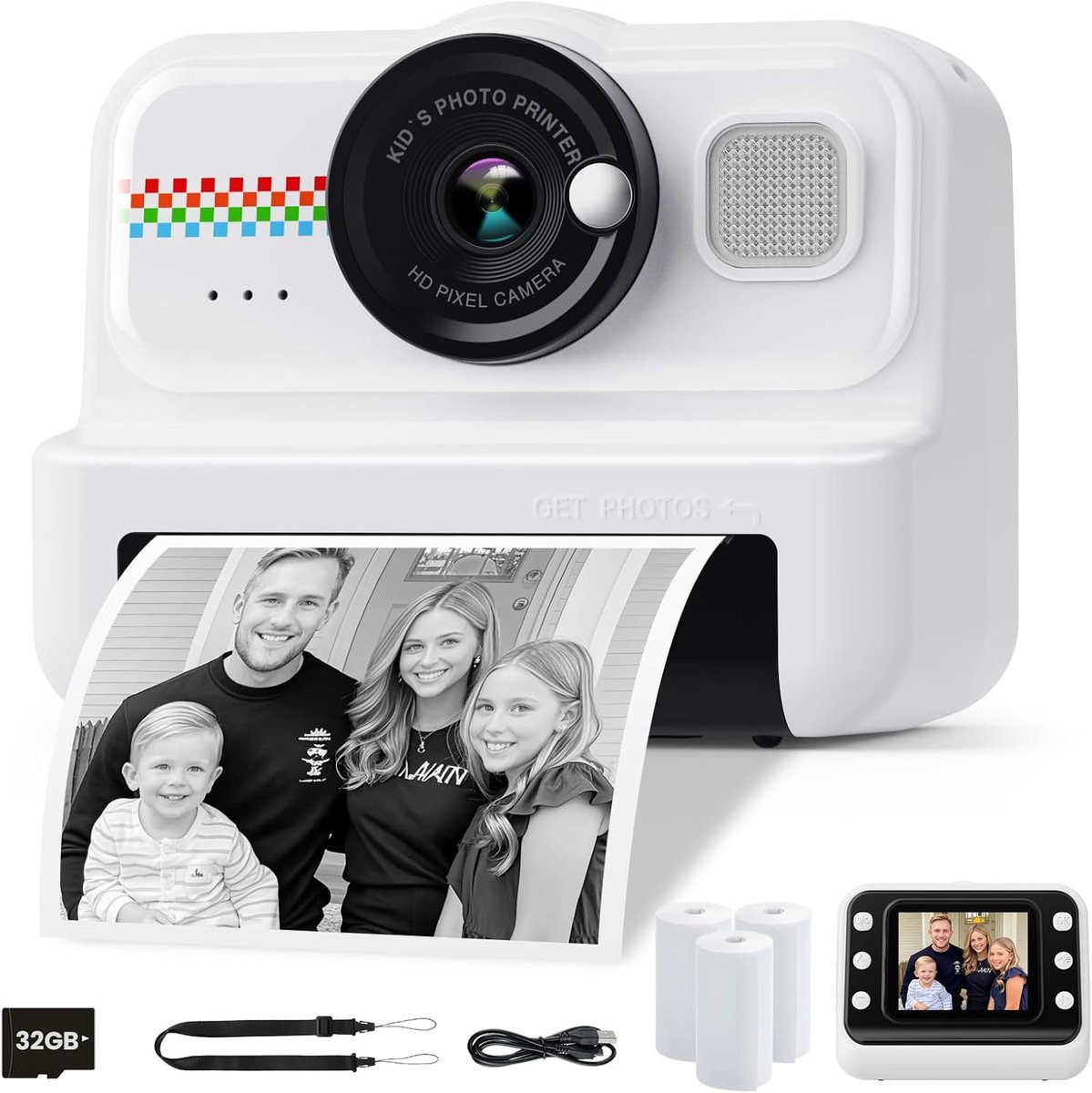 Kindersnelfoto Camera, 1080P Digitale Kindercamera & Videocamera met 32GB Kaart & 3 Rollen Printpapier, voor Jongens & Meisjes van 3 tot 12 Jaar (wit)