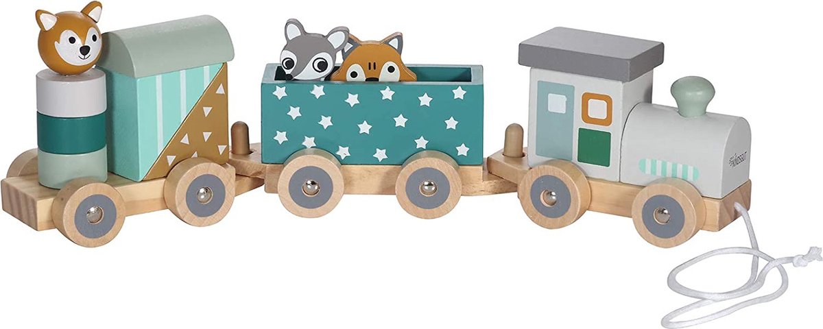Kindsgut houten speelgoedtrein met blokken – educatief treinspeelgoed in subtiele kleuren – benzine