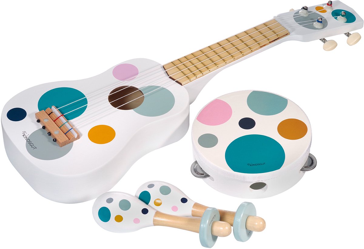 Kindsgut muziekinstrumenten – gitaar & sambaballen – subtiele Kleuren – educatief speelgoed voor baby’s en peuters – stippen