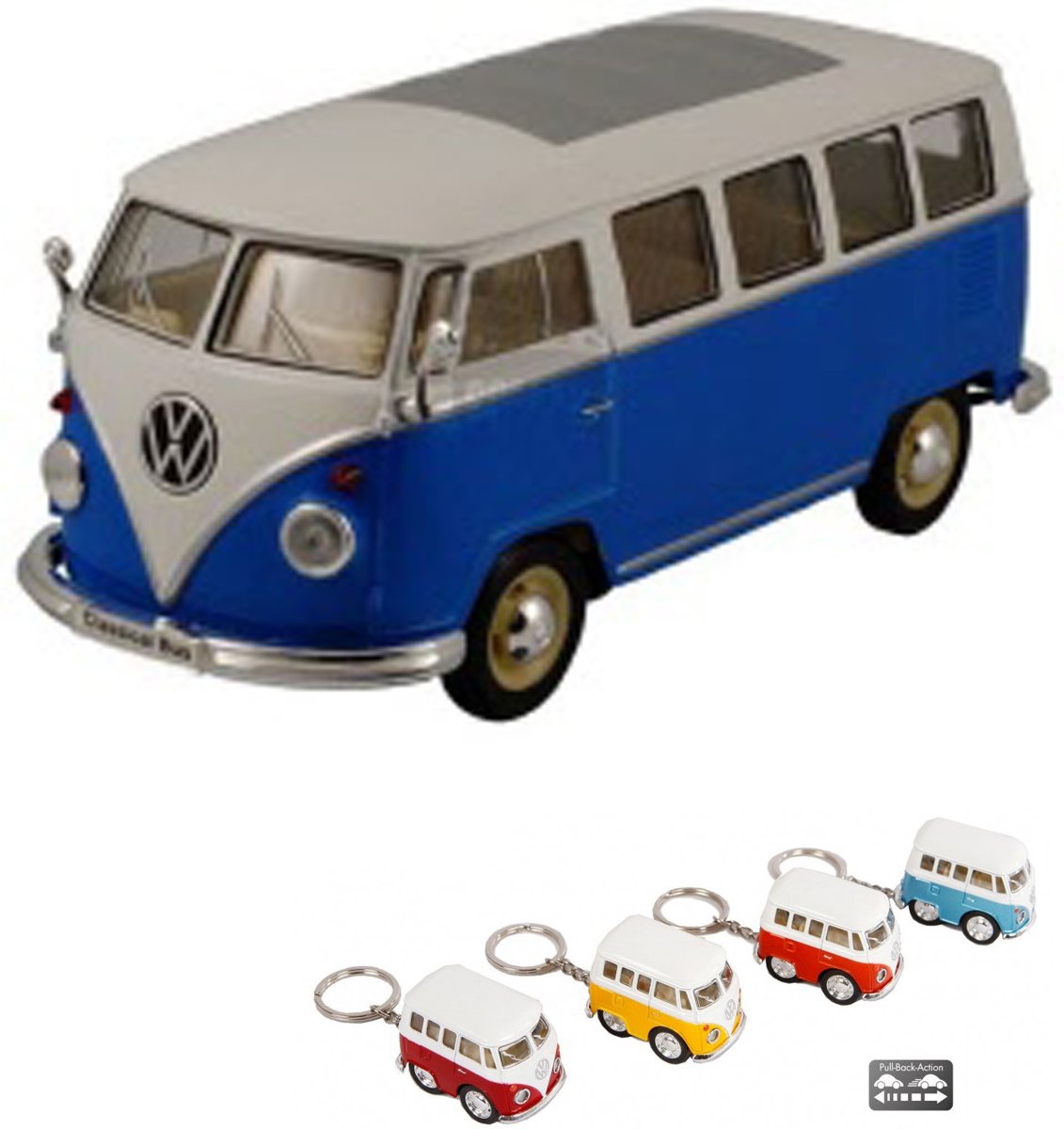 VOLKSWAGEN PAKKET BUS 1:24 BLAUW 1962 + SLEUTELHANGER VOLKSWAGENBUS