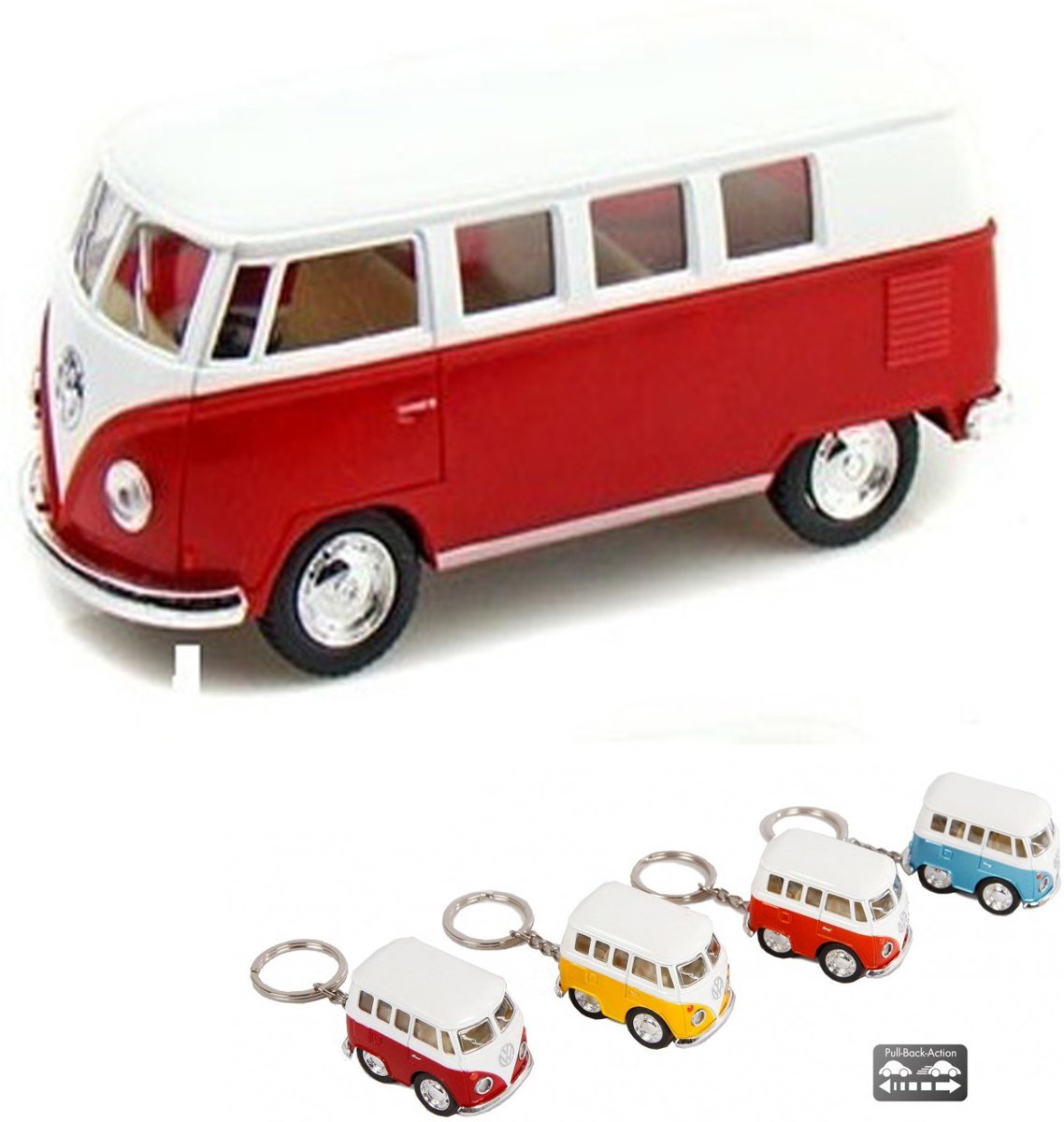 VOLKSWAGEN PAKKET BUS 1:24 ROOD 1962 + SLEUTELHANGER VOLKSWAGENBUS