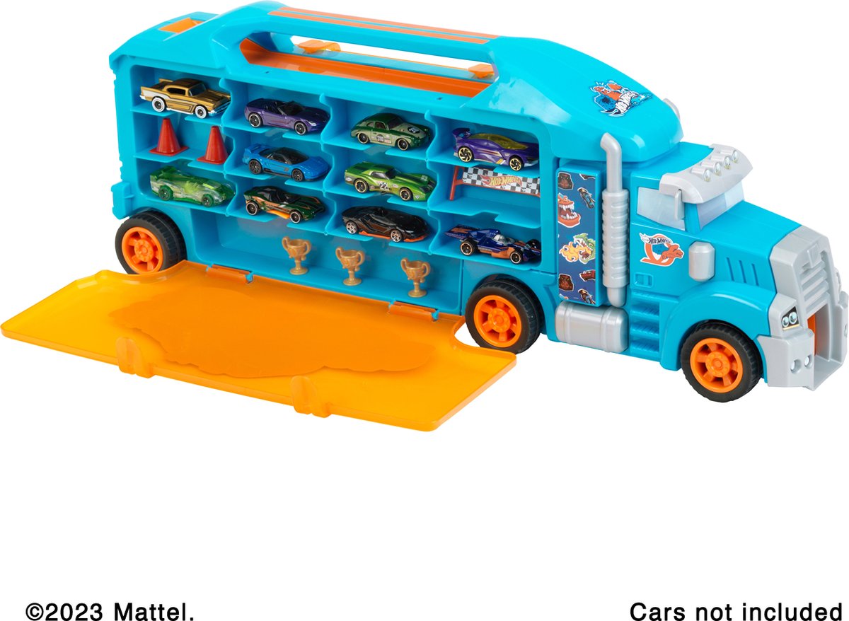 Klein Toys Hot Wheels vrachtwagenverzamelkoffer - max 24 autos en 2 vrachtwagens - schaal 1:64 - incl. praktische handgreep, 2 pylonen, 3 kopjes en een bord - blauw oranje