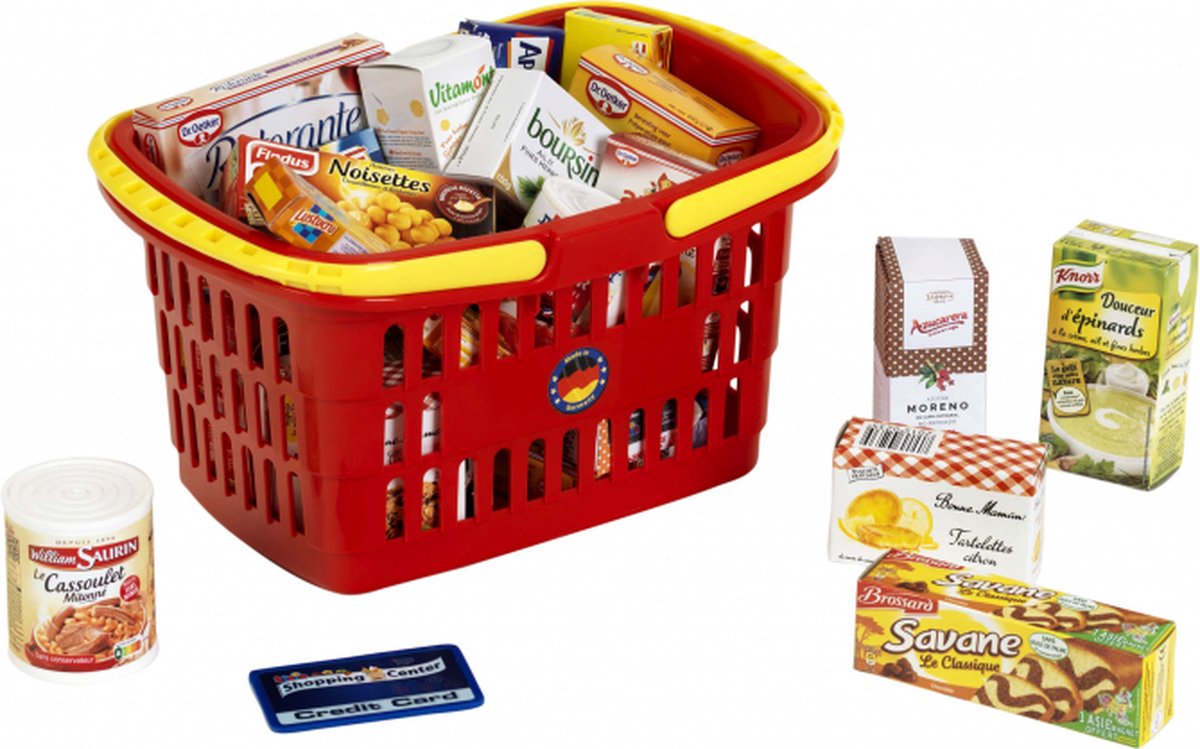 Klein winkelmand speelgoed met Franse producten - educatief rollenspel.