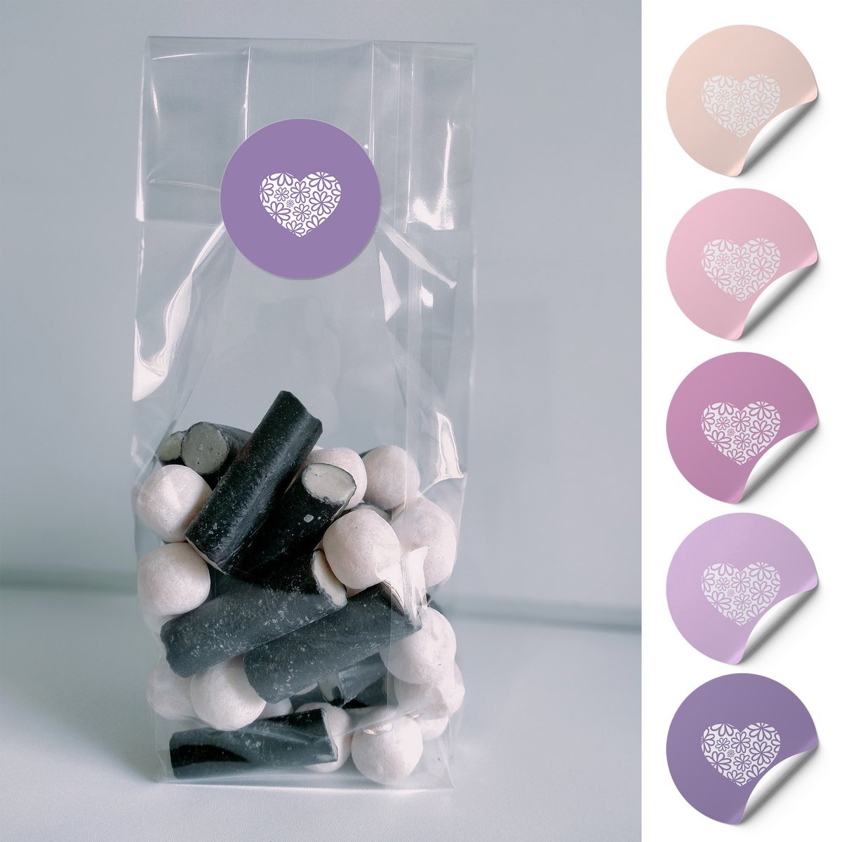50x Uitdeelzakjes + 50 Stickers - Hart Bloem - Uitdeelzakjes Transparant - Cellofaanzakjes - blokbodemzakjes transparant - Blokbodemzak - Inpakzakjes - Plastic zakjes