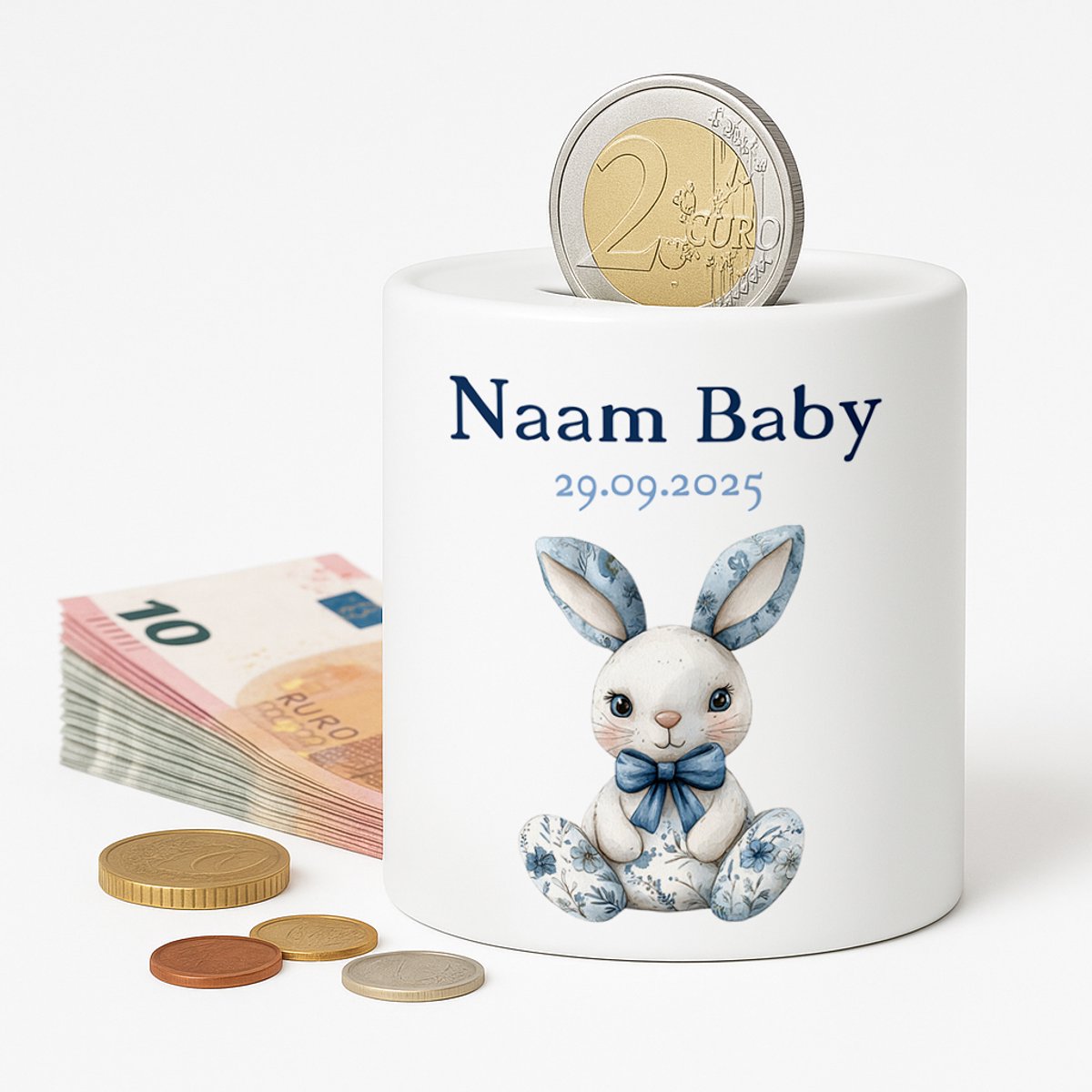 Gepersonaliseerde Baby Spaarpot – Met Naam en Geboortedatum – Blauw Konijntje