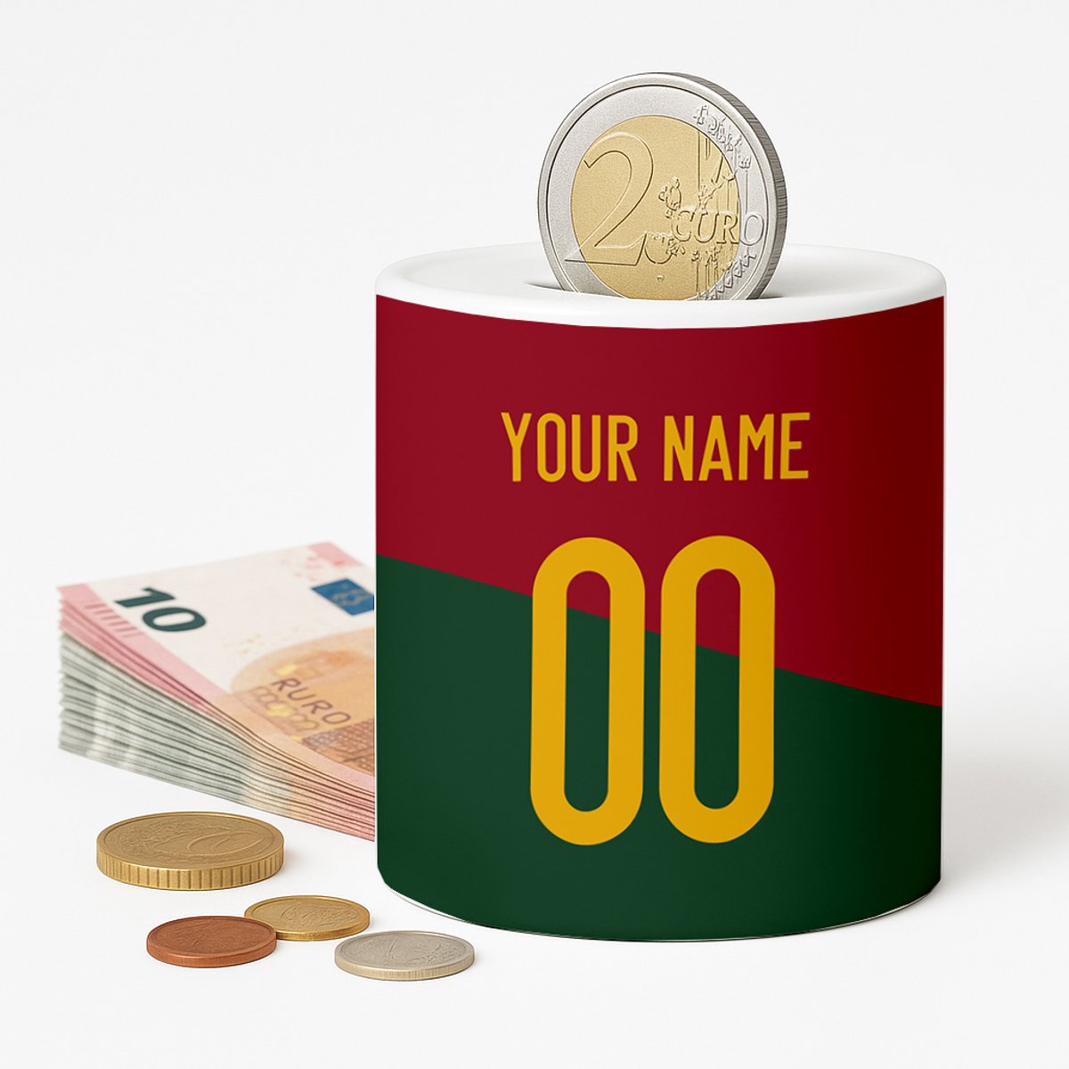 Spaarpot Portugal Voetbal - Spaarpot met naam gepersonaliseerd - Voetbal Cadeau - Geschenk - Voetbal shirt op spaarpot - Spaarpotten voor volwassenen of kind - jongen of meisje