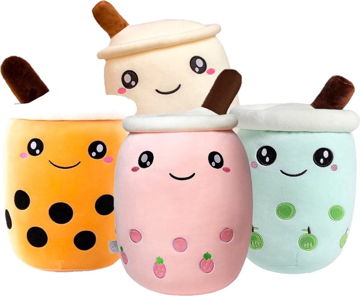 Klikkopers® - 4 Stuks - Kawaii Kussen Set - Bubble Tea Knuffel Set - 4 Stuks - 25cm - Boba Knuffel - Kawaii Knuffel - Squishy - Squish Knuffels