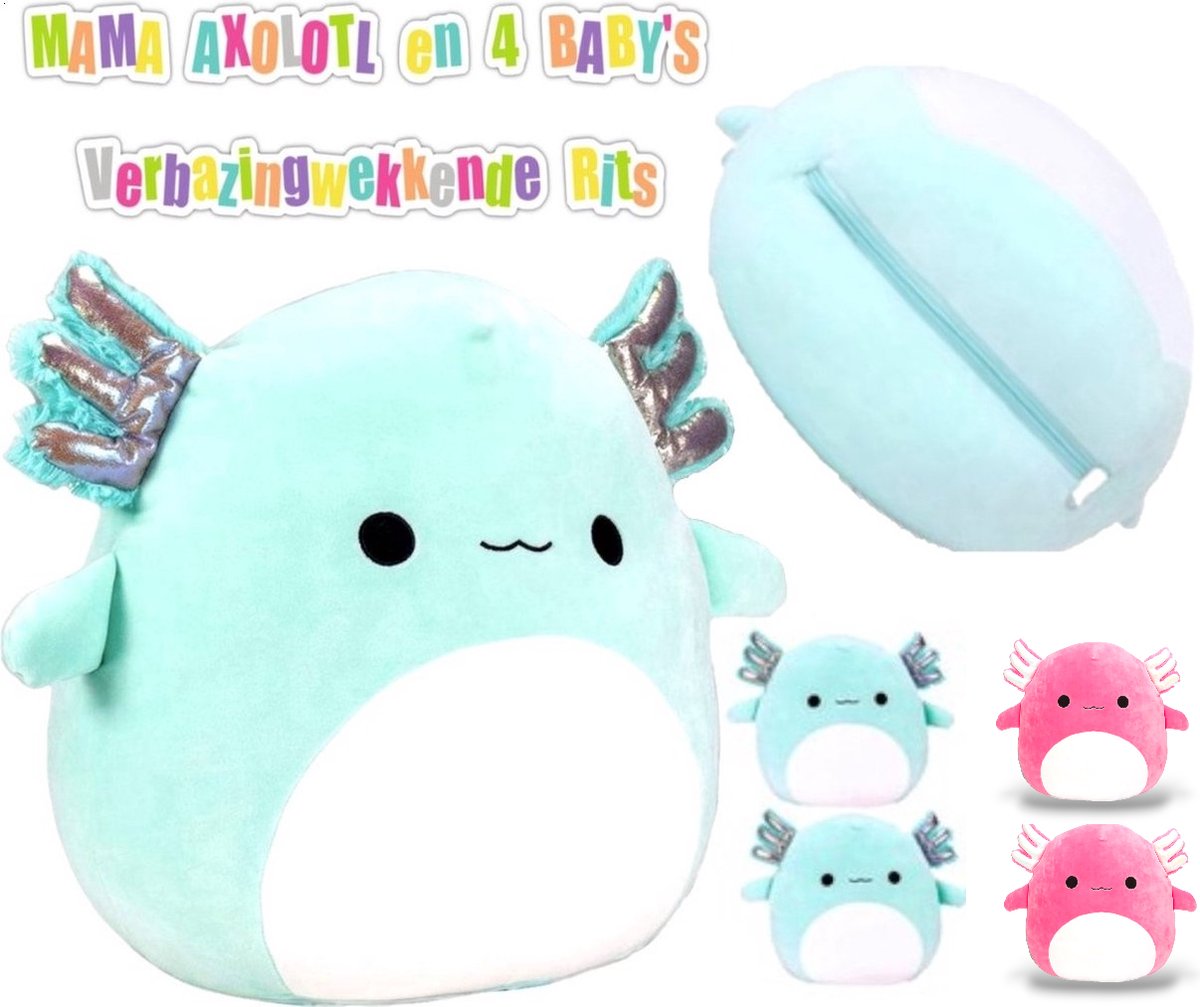 Klikkopers® - Kawaii knuffel Met Babys - Squish Knuffel - Axolotl Squishy - Kawaii Kussen - Kawaii Axolotl Knuffel - 30 cm