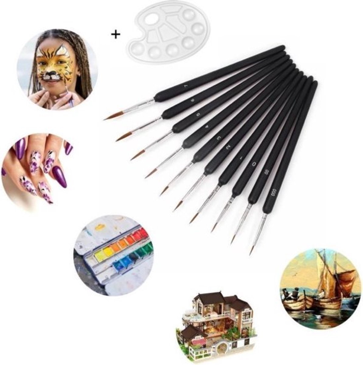 Knaak Professionele Dunne Penselenset + Verfpalet - Set van 10 Kwasten - Fine Detail - Miniatuur