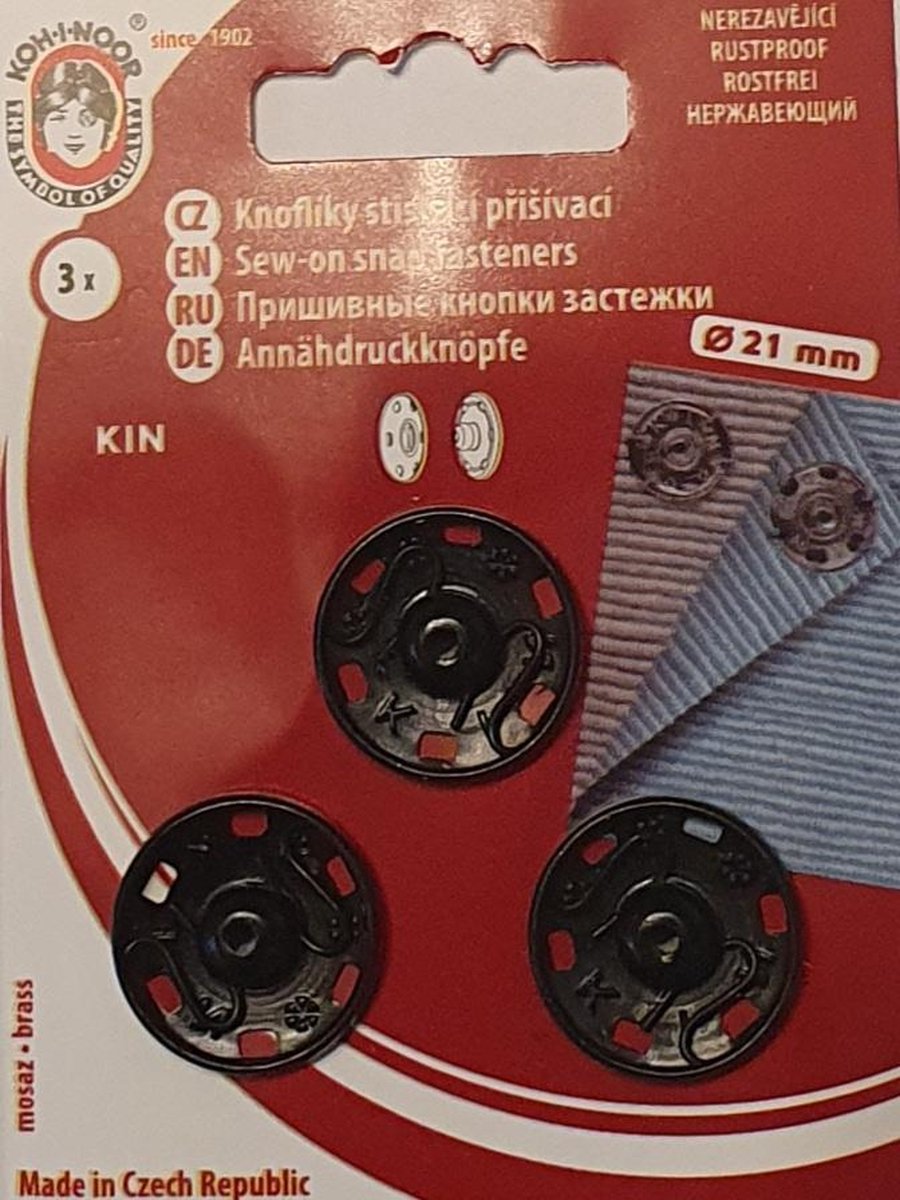 Koh-i-noor Aan naaidrukker zwart 21mm 3 stuks Sinds 1902