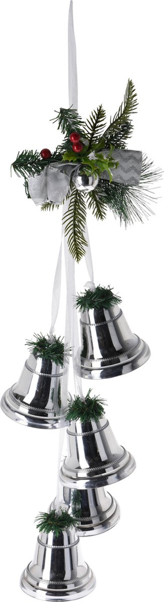 Kerstbellen decoratie met dennentakjes zilver karton speelgoed.