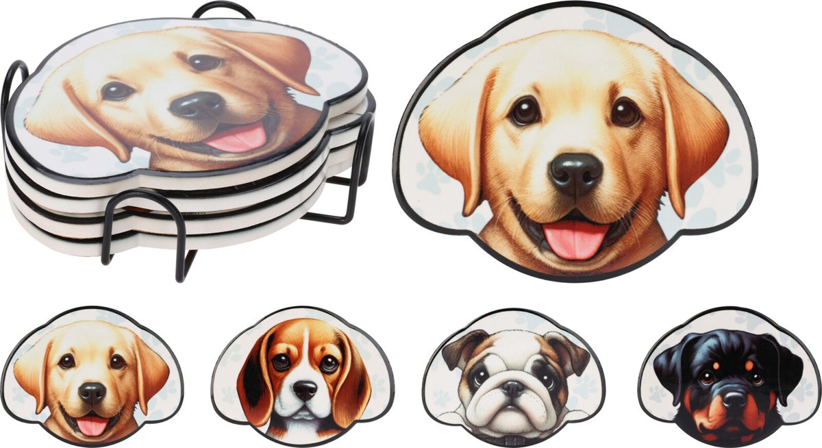 Onderzetter hond karton speelgoed set 4 stuks met houder.