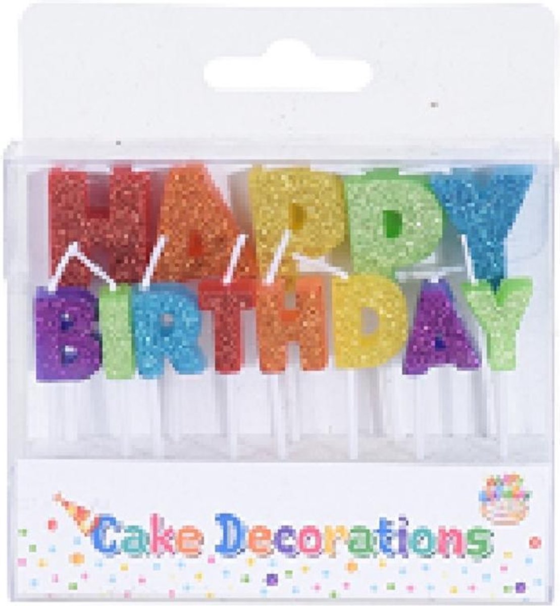 Taart kaarsjes verjaardag HAPPY BIRTHDAY letters gekleurd