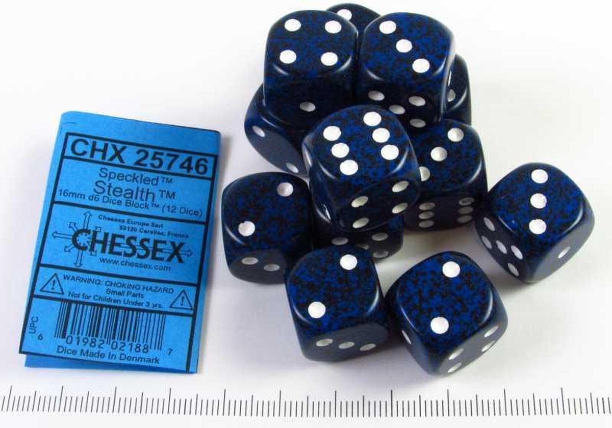 Set 12 6-zijdig, 16mm Speckled Stealth w/white