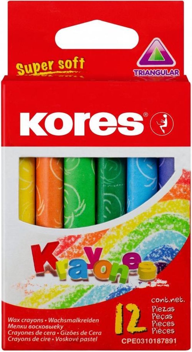 Waskrijt KORES set 12 kleuren. Niet-giftige pigmenten, JUMBO driehoekige vorm.