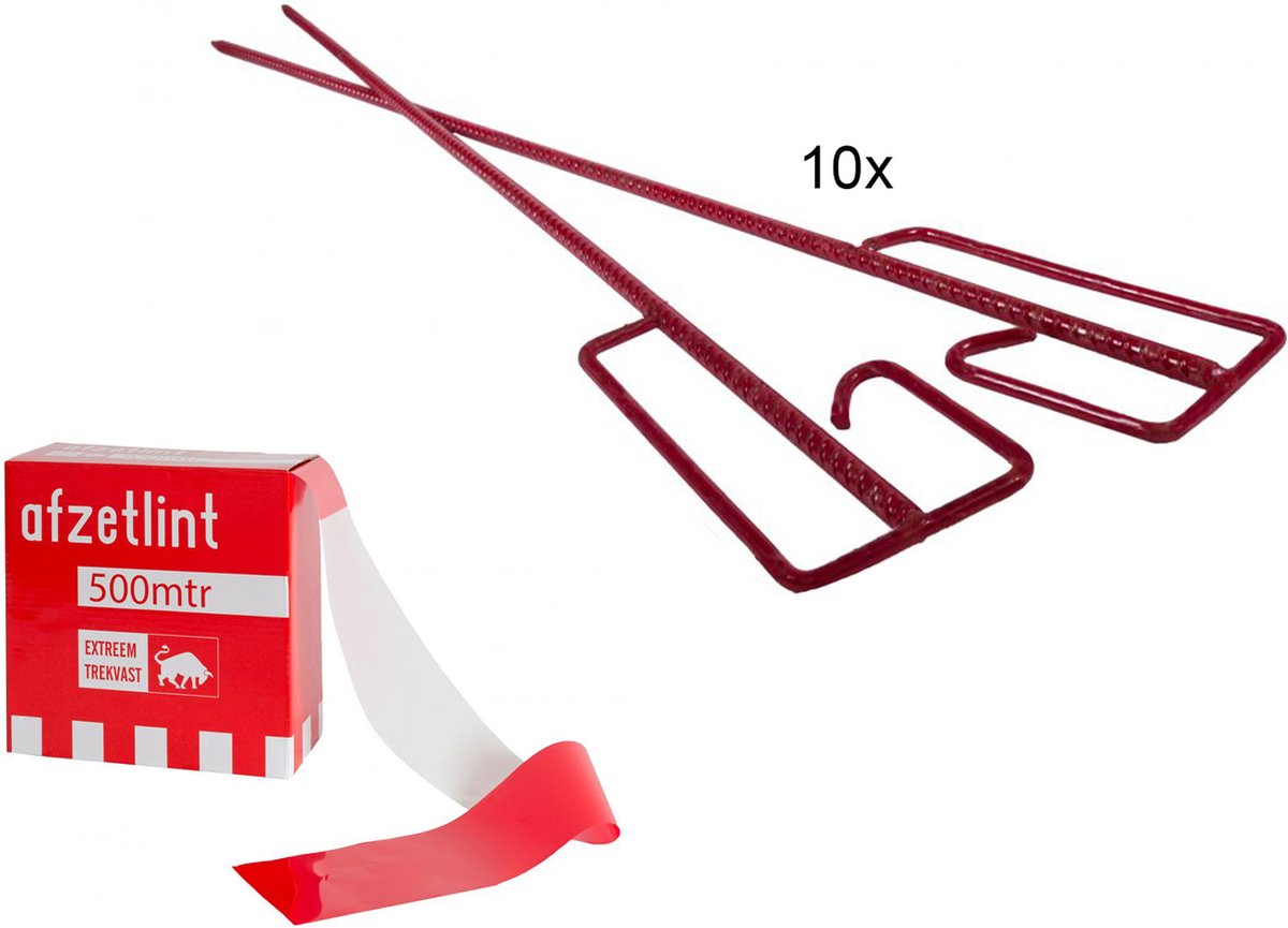 Kortpack - Volledige set - 10 bevestigingspalen + 1 Rol extra sterk afzetlint - 75mm breed lint - 500m lint per rol - Rood/wit lint - (027.0022)