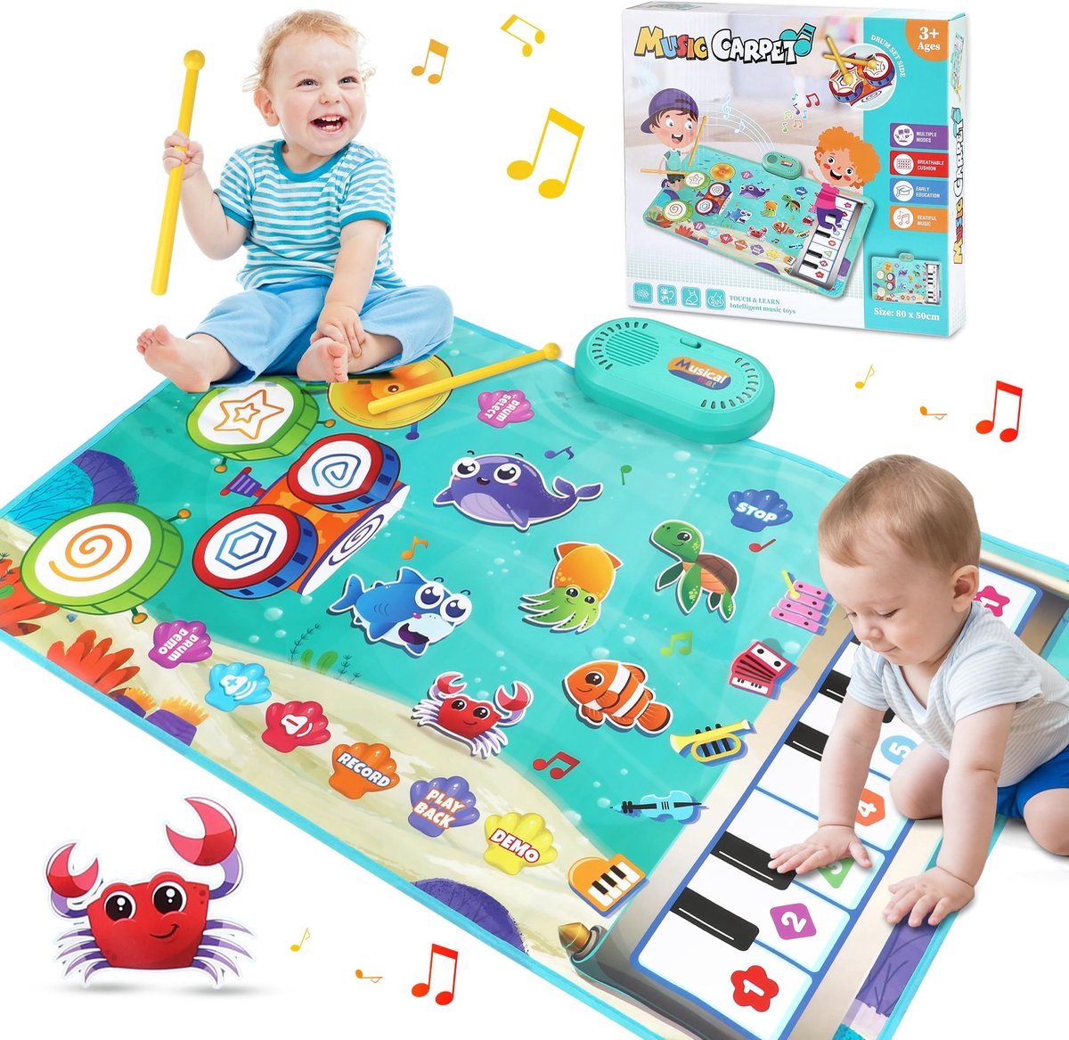 3 in 1 Muziekmat - Kinderspeelgoed 1 2 3 Jaar - Dansmat - Pianomat - Speelkleedje met zeedierenmotief - Pianoklavier & Drumset met 2 Drumstokken - Cadeau Vroeg Educatief Muzikaal Leerspeelgoed - meisjes en jongens - Babyspeelgoed