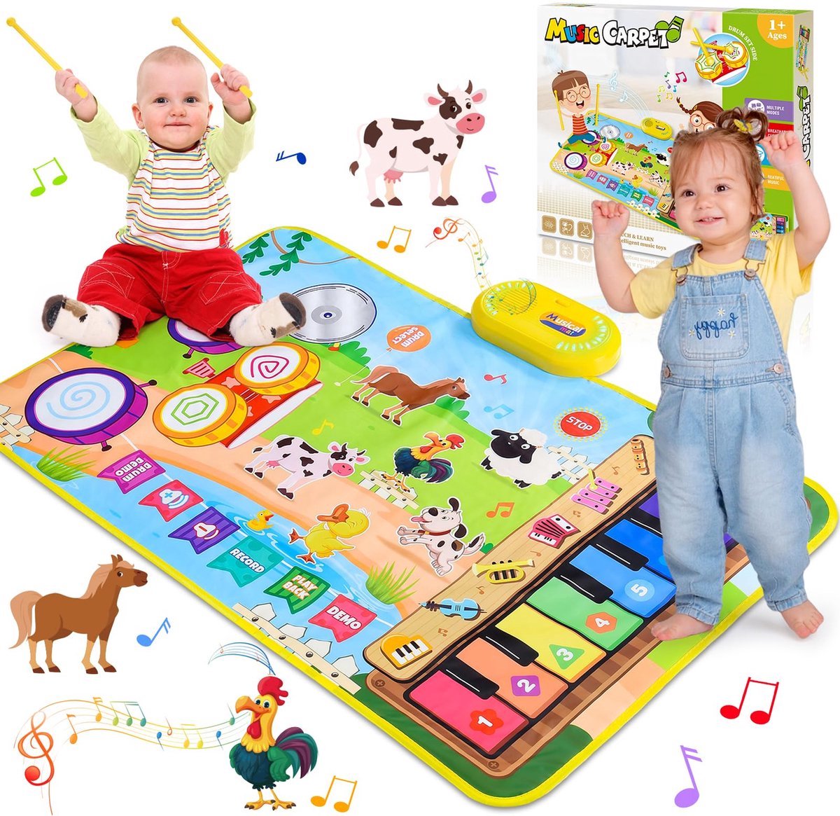 3 in 1 Muziekmat - Kinderspeelgoed 1 2 3 Jaar - Dansmat - Pianomat - boerderijdier touch speelkleed - Pianoklavier & Drumset met 2 Drumstokken - Cadeau Vroeg Educatief Muzikaal Leerspeelgoed - meisjes en jongens - Babyspeelgoed
