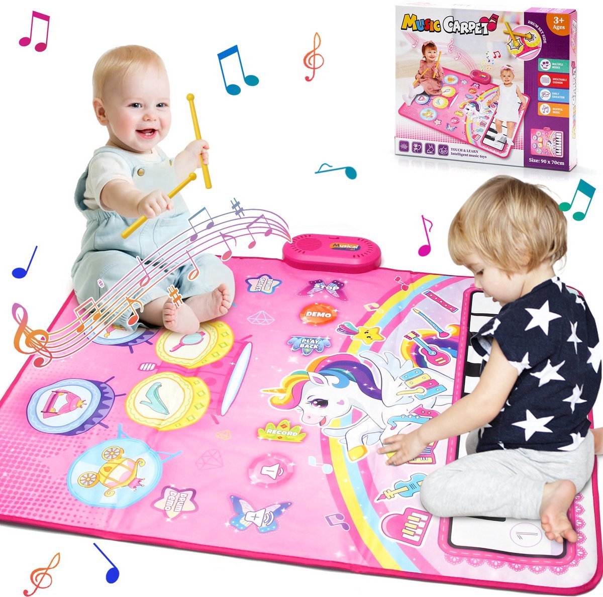 Kraftverdia - 3 in 1 Muziekmat - Kinderspeelgoed 1 2 3 Jaar - Dansmat - Pianomat - Eenhoorn touch speelkleed - Pianoklavier & Drumset met 2 Drumstokken - Cadeau Vroeg Educatief Muzikaal Leerspeelgoed - meisjes en jongens - Babyspeelgoed