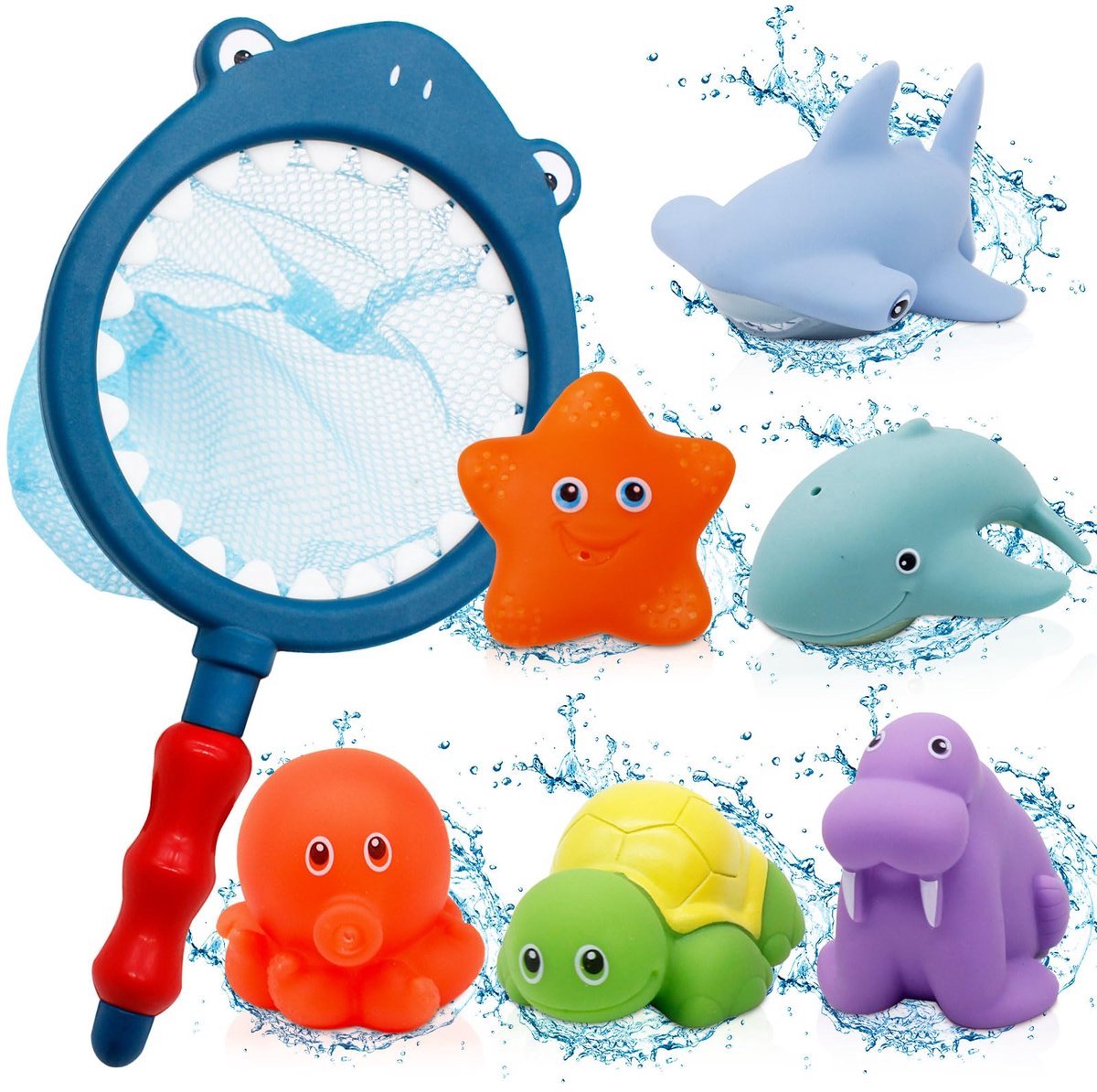 Kraftverdia - Badspeelgoed - Badspeelgoed baby - Waterspeelgoed - Waterspeelgoed baby - Badspeeltjes baby - Educatief speelgoed - Verandert van kleur in warm water en badspuiter - 7 Stuks - visspel met schepnetje